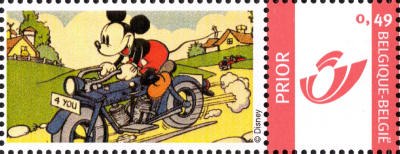 Duostamp with Mickey Mouse on motorcycle - with value imprint