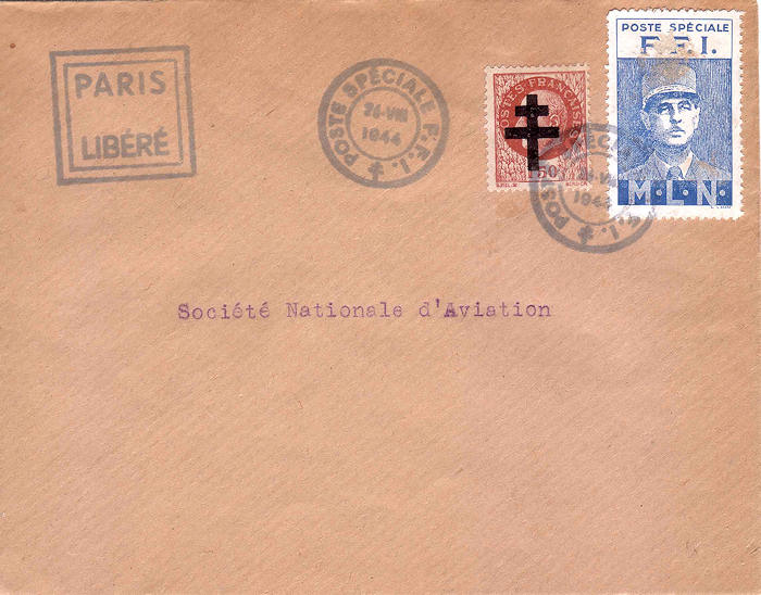 F.F.I. Envelop with stamping 26-08-1944 and text 'Paris Libéré' in the upper left corner