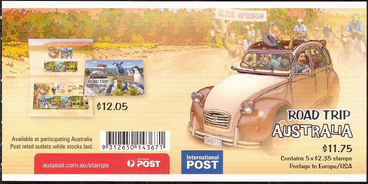 Backside of a sheet self-adhesive stamps Australia - Road trip