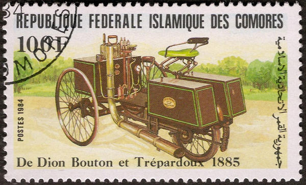 Stamp Comores with De Dion Bouton et Trepardoux 3-wheeler