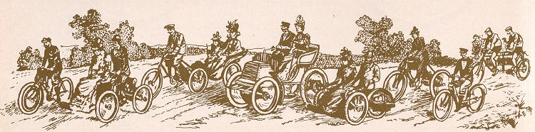 Image with various motorized vehiclaes around 1900, amongst which Leon Bollee 3-wheeler