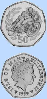 Coin from Isle of Man with 2 motorcycle drivers 1998