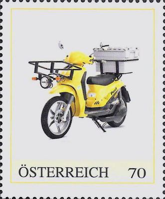 Personalized stamp  of Austrian Post, with Piaggio Liberty electric scooter