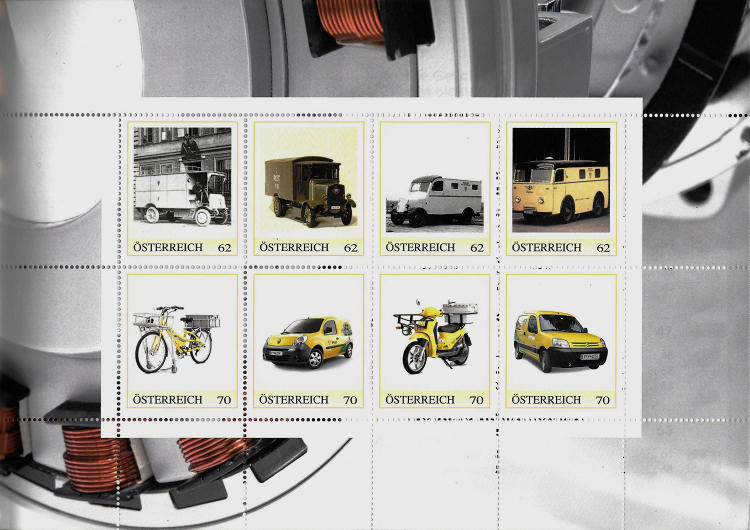 Page with personalized stamps of the Austrian Post with electric post vehicles