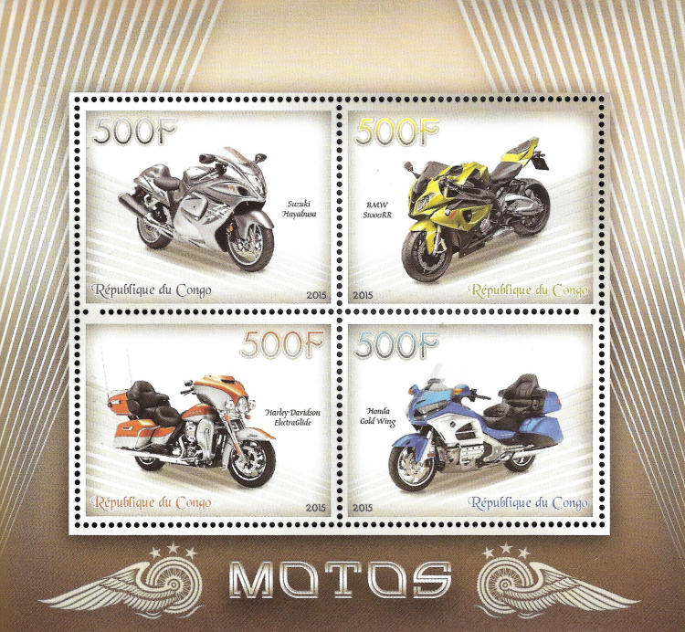 Block of stamps with images of motorcycles, amongst which a Honda Gold Wing