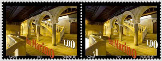 3D stamp strip San Marino with image of interior Palazzo Pubblico