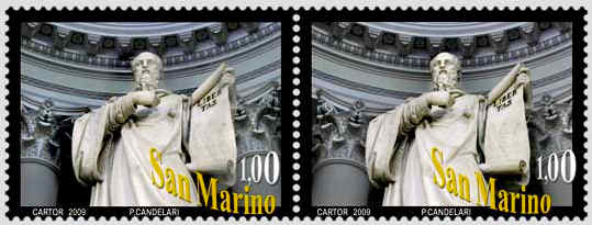 3D-postzegelstrip San Marino met afbeelding van standbeeld op Basilica del Santo