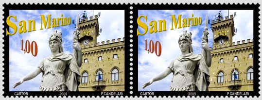 3D-postzegelstrip San Marino met afbeelding van standbeeld van de vrijheid