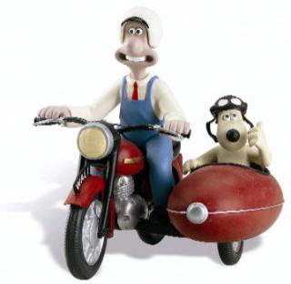 Wallace & Gromit on their motor with sidecar