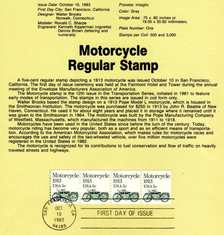 Information sheet about the USA motorcycle stamp