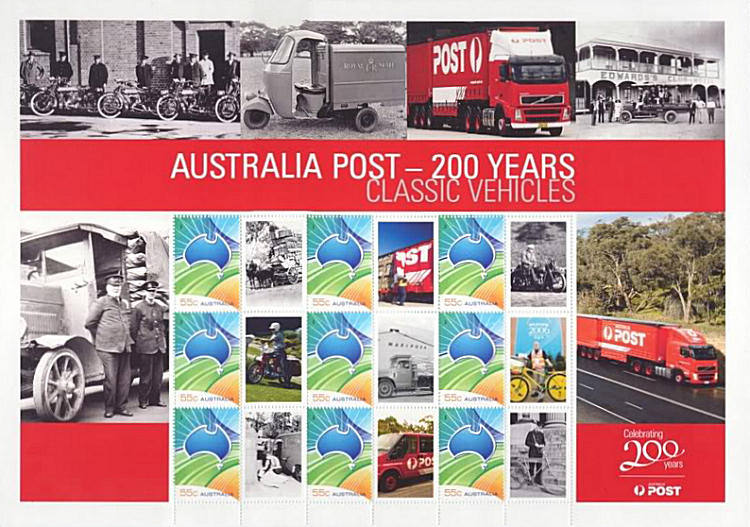 Sheet Australian personalized stamps with postal vehicles