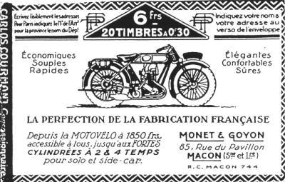 Stamp booklet with advertisement for Monet & Goyon motorcycles