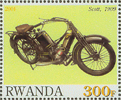 Stamp of Rwanda with Scott motorcycle