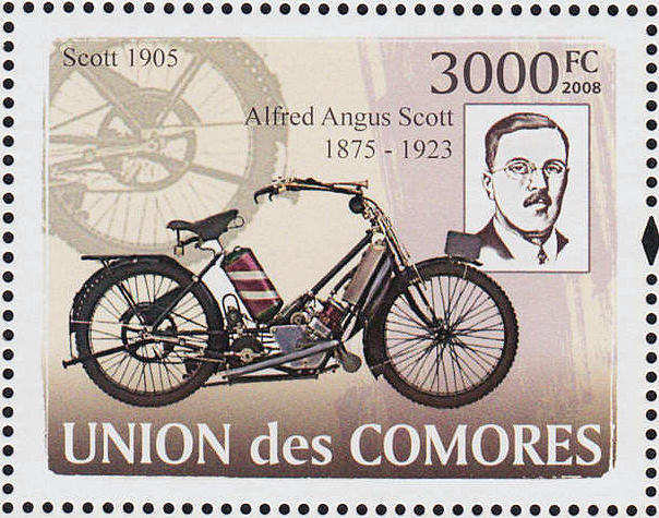 Stamp of Comores with Scott motorcycle