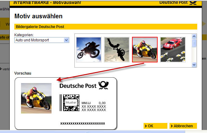 Screendump of the German Post website