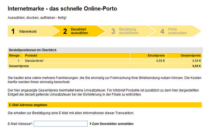 Screendump of the German Post website