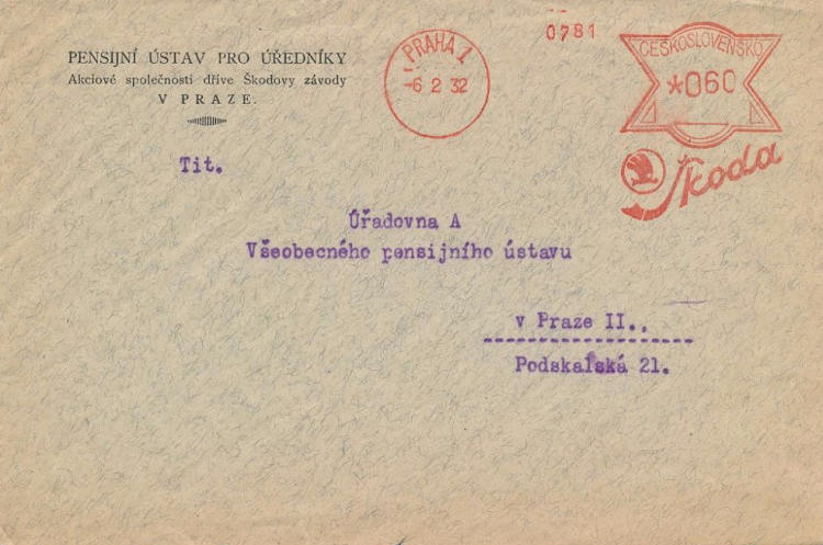 Envelop with old franking stamp Skoda