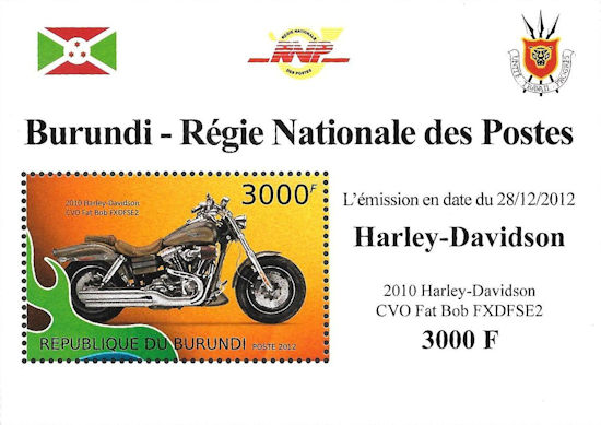 Burundi - block with Harley-Davidson CVO Fat Bob FXDFSE