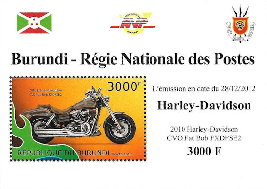 Burundi - blokje met Harley-Davidson CVO Fat Bob FXDFSE