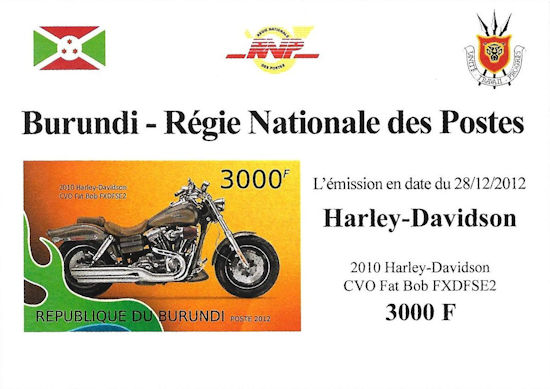 Burundi - block with Harley-Davidson CVO Fat Bob FXDFSE