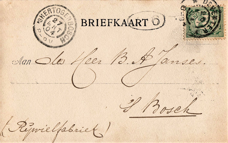 Briefkaart aan de firma B.A. Jansen te 's-Hertogenbosch