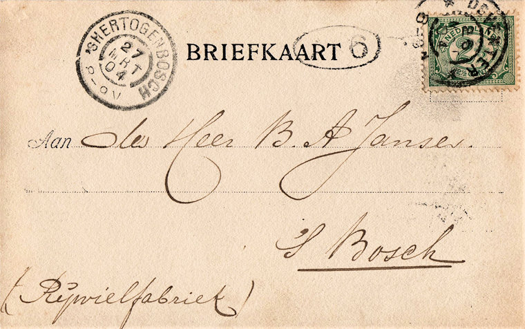Briefkaart aan de firma B.A. Jansen te 's-Hertogenbosch