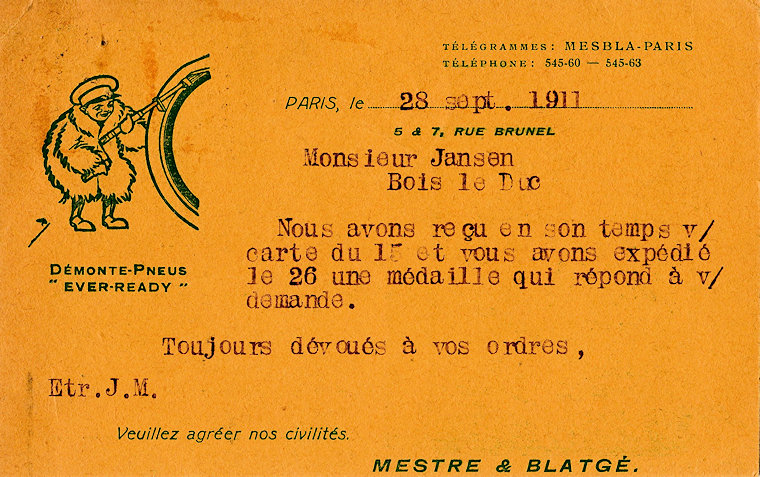 Briefkaart van Mestre & Blatgè aan de firma B.A. Jansen te 's-Hertogenbosch