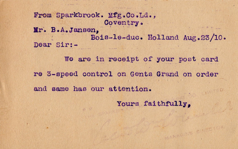 Briefkaart van Sparkbrook aan de firma B.A. Jansen te 's-Hertogenbosch