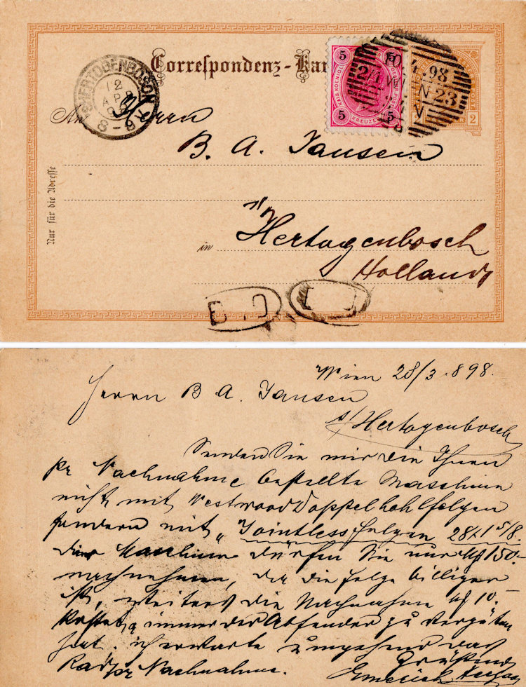 Oostenrijkse briefkaart aan de firma B.A. Jansen te 's-Hertogenbosch
