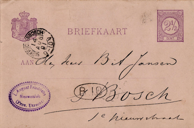 Nederlandse briefkaart aan de firma B.A. Jansen te 's-Hertogenbosch