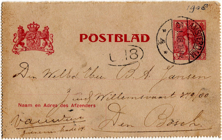 Nederlandse briefkaart aan de firma B.A. Jansen te 's-Hertogenbosch