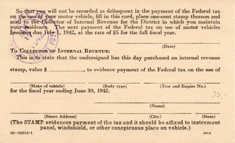 Registratiekaart USA Motor Vehicle Tax Stamps