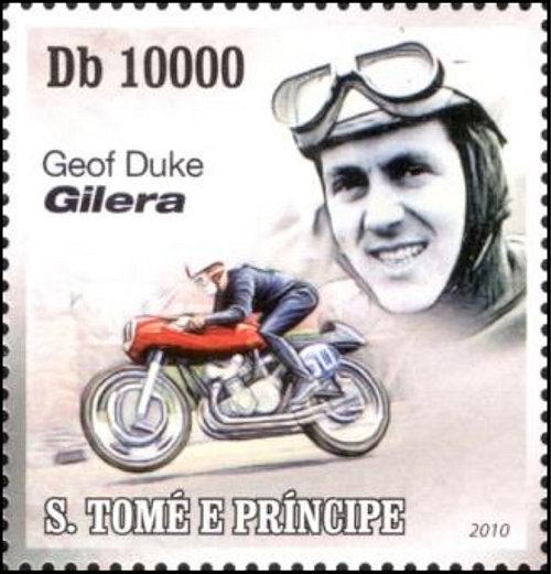 Postzegel Sao Tomé e Principe met Geoff Duke op Gilera