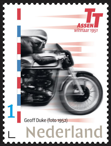 Nederlandse postzegel tgv. 100 Jaar TT-Assen met Geoff Duke