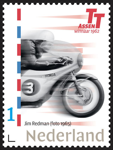 Nederlandse postzegel tgv. 100 Jaar TT-Assen met Jim Redman