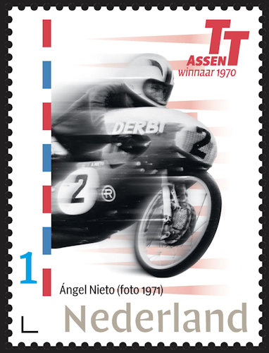 Nederlandse postzegel tgv. 100 Jaar TT-Assen met Ángel Nieto