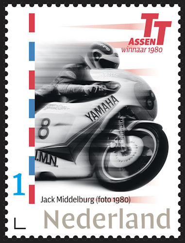 Nederlandse postzegel tgv. 100 Jaar TT-Assen met Jack Middelburg