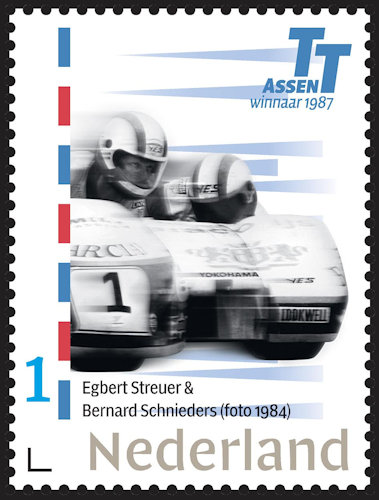 Nederlandse postzegel tgv. 100 Jaar TT-Assen met Egbert Streuer en Bernard Schnieders