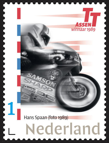 Nederlandse postzegel tgv. 100 Jaar TT-Assen met Hans Spaan
