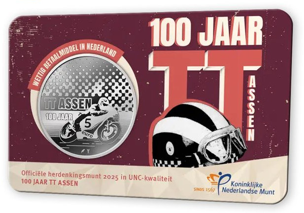 Nederlandse 5-euro munt tgv. 100 Jaar TT-Assen - verzilverd koperen versie in kaart