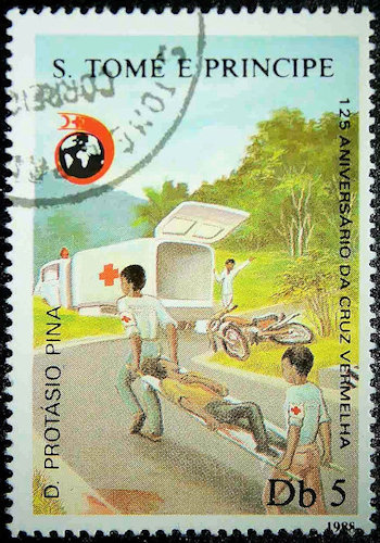 Postzegel Sao Tomé e Principe met slachtoffer van een motorongeluk