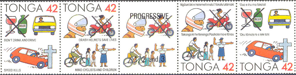Postzegelstrip Tonga ter promotie verkeersveiligheid, o.a. van valhelmgebruik