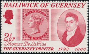 Postzegel Guernsey, met afbeelding van de eerste postzegel gedrukt bij Thomas De La Rue