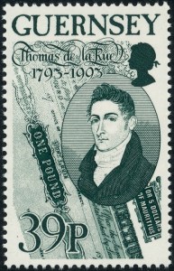 Postzegel Guernsey, met afbeelding van het eerste bankbiljet gedrukt bij Thomas De La Rue