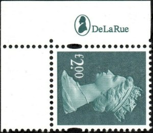 Randstuk van een postzegelvel, met silhouet van Thomas De La Rue