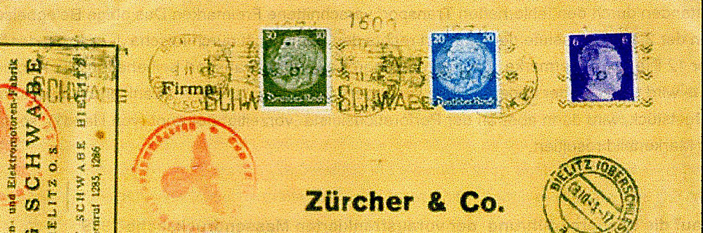 Envelop met meervoudige afstempeling door herhaald gebruik van een Komusina postzegelplakmachine