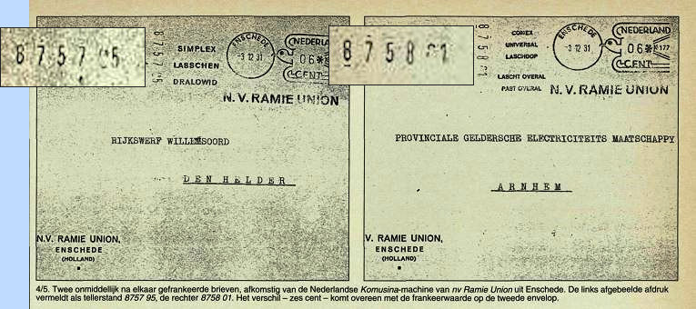 2 enveloppen die na elkaar gefrankeerd zijn met dezelfde Komusina frankeermachine