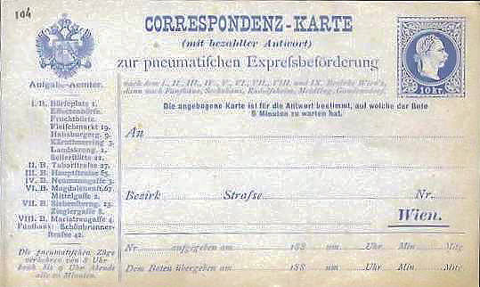 Special card for Vienna pneumatic post
