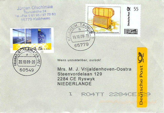 Envelop with personalised stamp with picture of a Transorma machine
