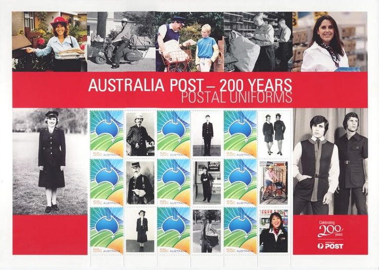 Sheet Australian personalized stamps with postal uniforms